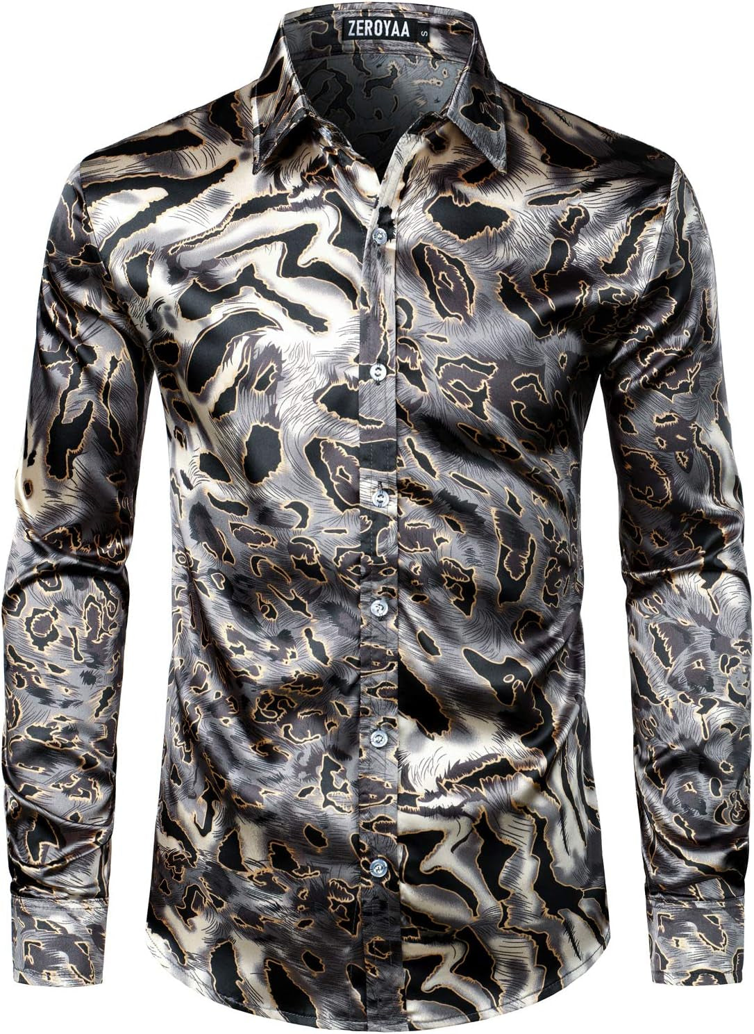 Men'S Hipster Printed Silk like Satin Button up Dress Shirt for Party Prom