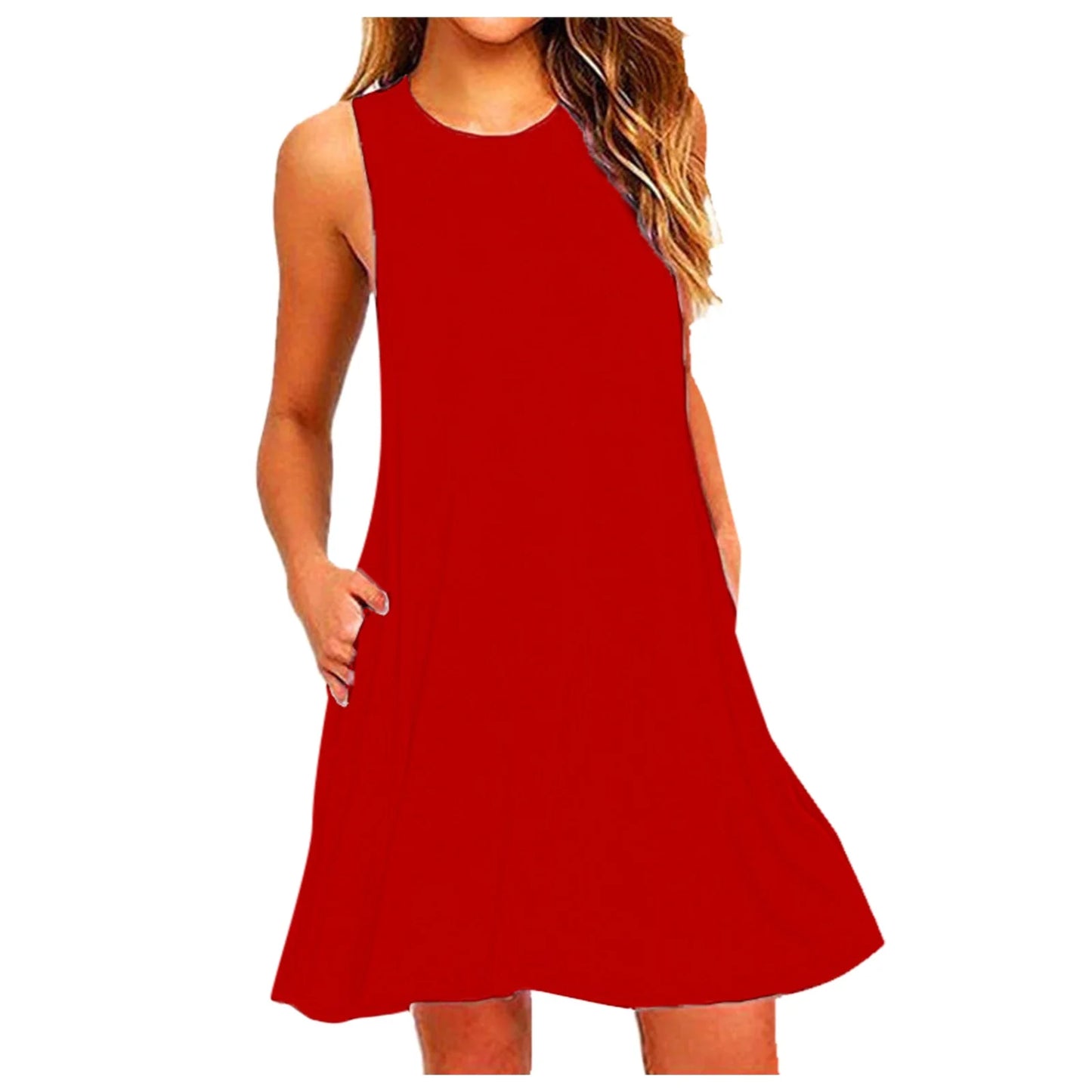 Fesfesfes Summer Dresses for Women round Neck Casual Mini Dress Solid Color Sleeveless Tank Dress Loose above Knee Sun Dress Summer Sale