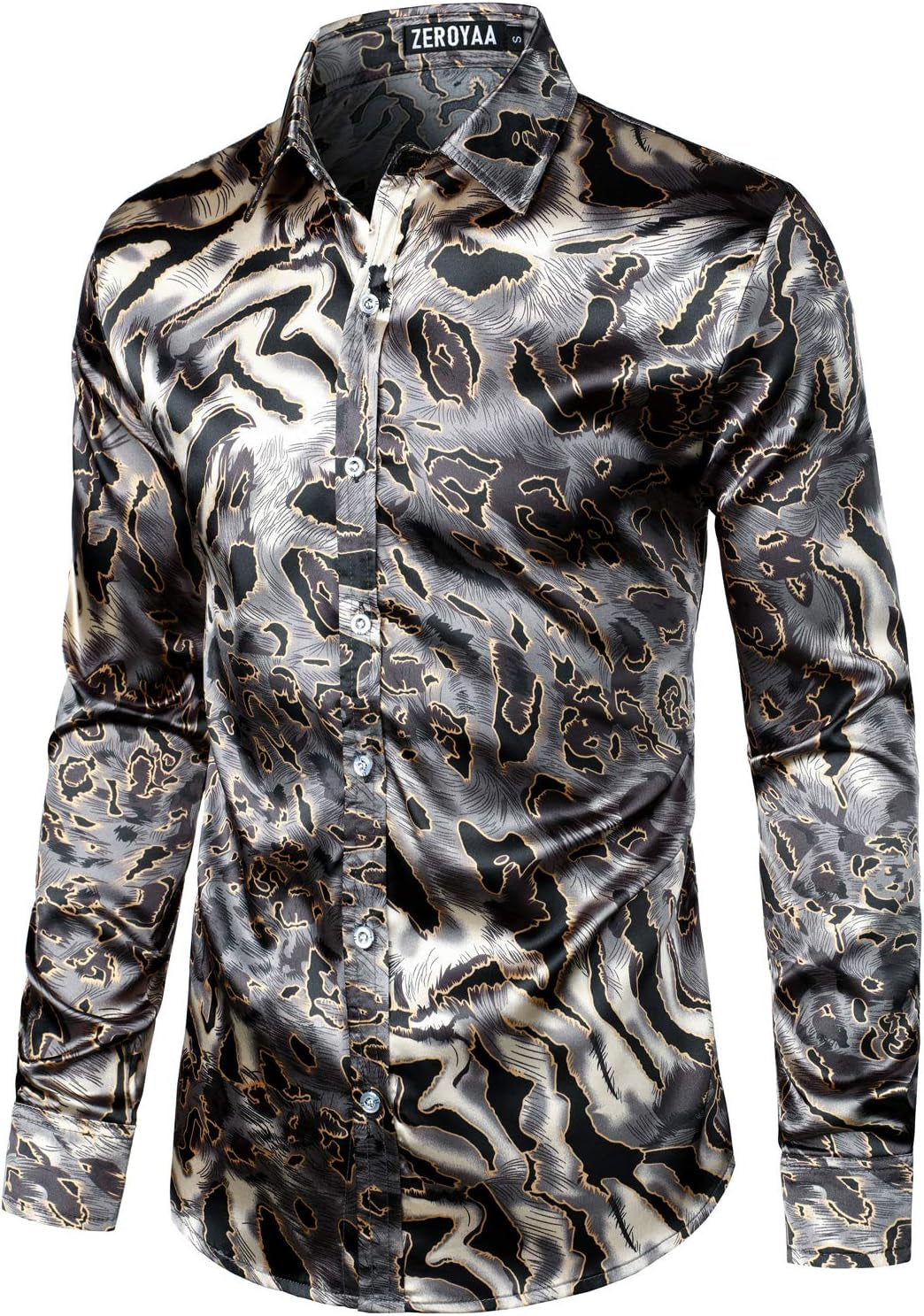 Men'S Hipster Printed Silk like Satin Button up Dress Shirt for Party Prom