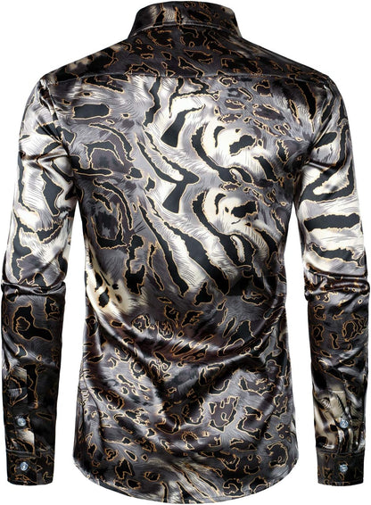 Men'S Hipster Printed Silk like Satin Button up Dress Shirt for Party Prom
