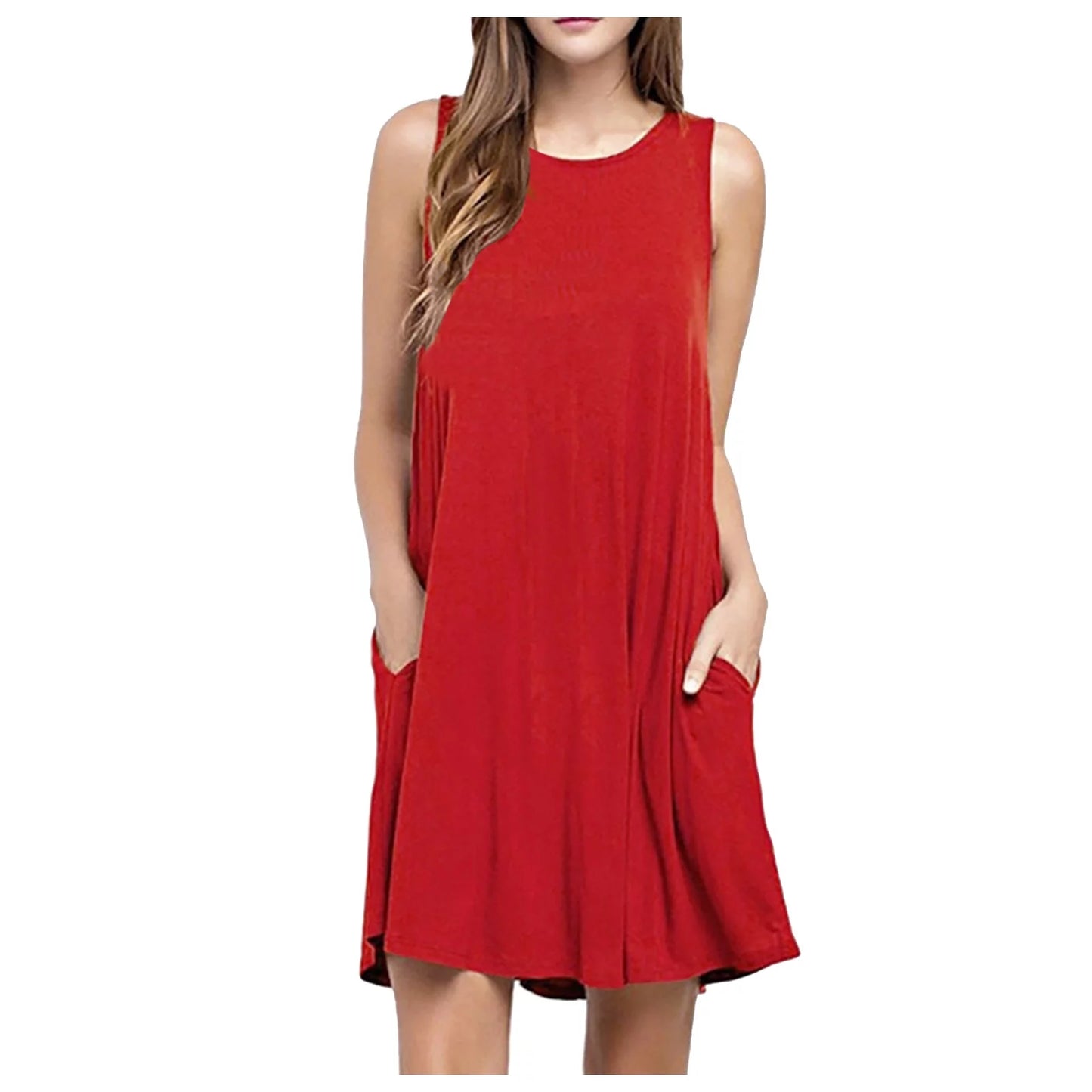Fesfesfes Summer Dresses for Women round Neck Casual Mini Dress Solid Color Sleeveless Tank Dress Loose above Knee Sun Dress Summer Sale