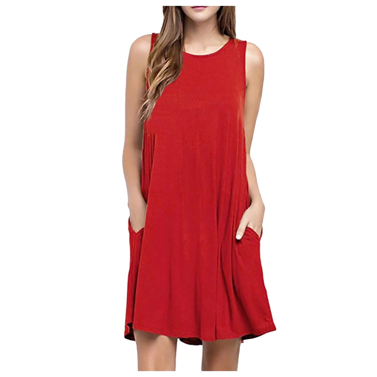 Fesfesfes Summer Dresses for Women round Neck Casual Mini Dress Solid Color Sleeveless Tank Dress Loose above Knee Sun Dress Summer Sale